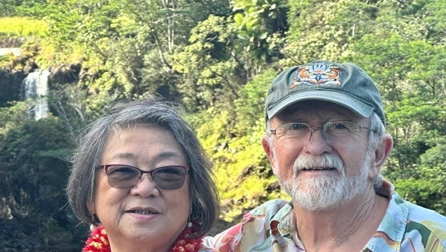 Jeannie Barroga and her husband, Tony Williams, at Rainbow Falls in Hilo.