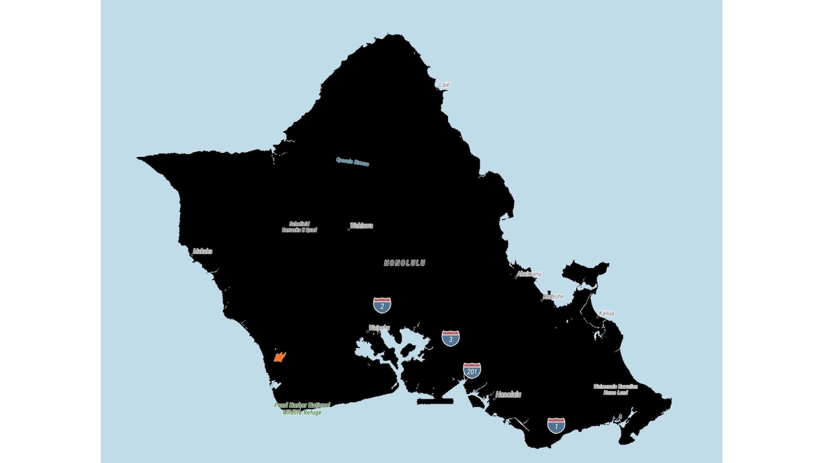 A county map highlighting in orange all the available locations on O‘ahu where a landfill can be built.