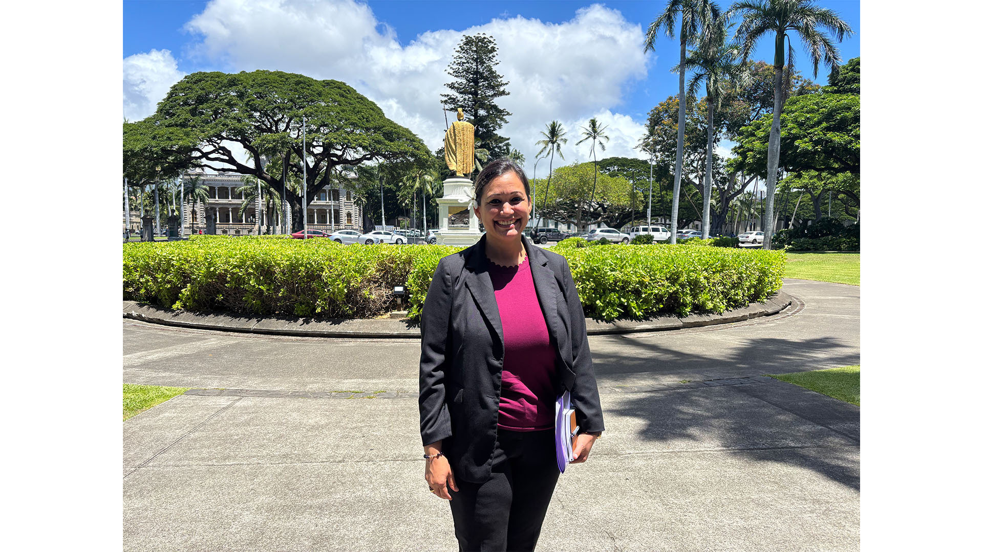 Kristen "Kanani" Souza stands outside the Aliʻiōlani Hale on Wednesday, Sept. 2. The Hawaiʻi Supreme Court heard evidence and oral arguments in Souza's election contest and will rule in the case by Friday.