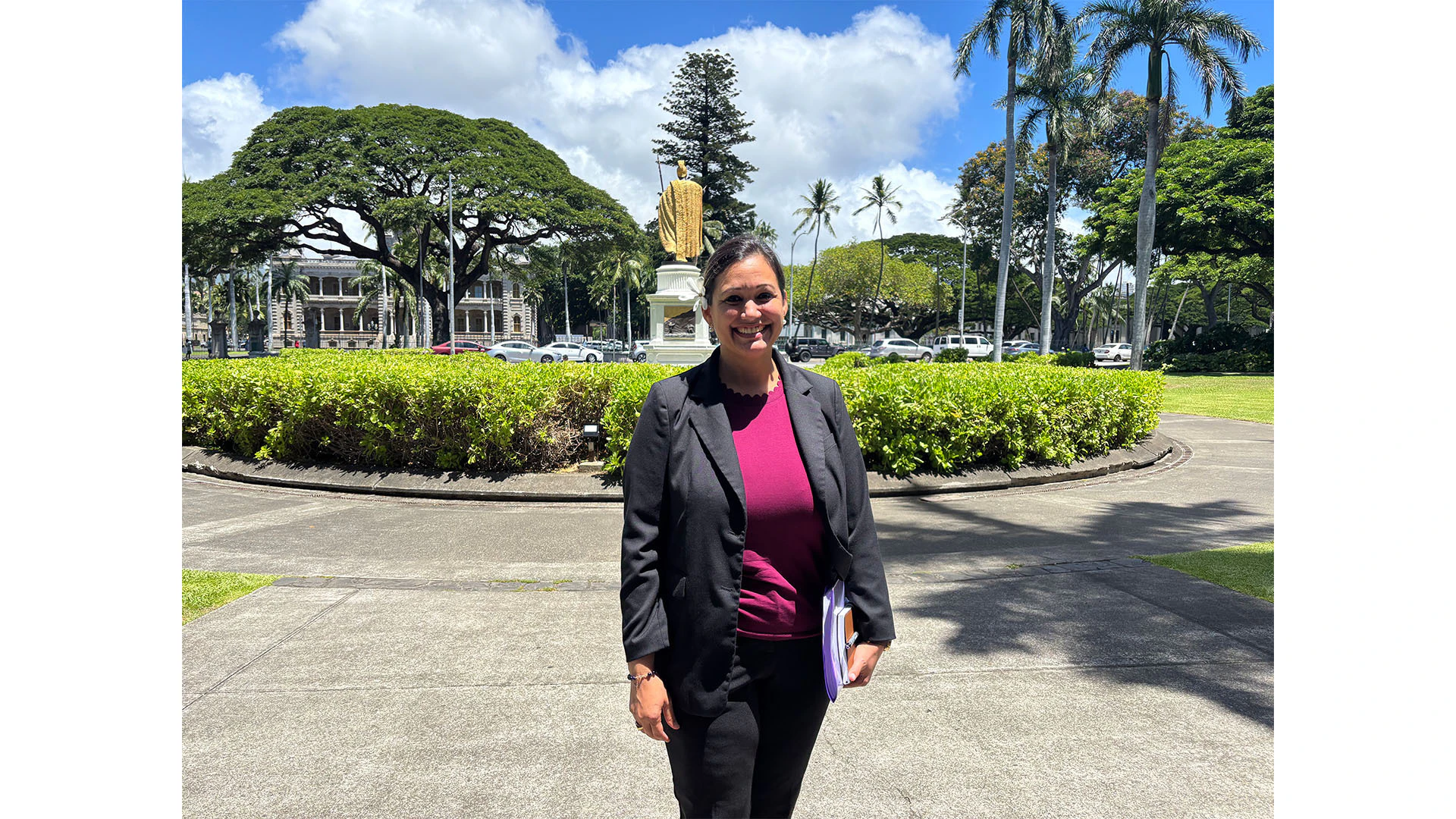 Kristen "Kanani" Souza stands outside the Aliʻiōlani Hale on Wednesday, Sept. 2. The Hawaiʻi Supreme Court heard evidence and oral arguments in Souza's election contest and will rule in the case by Friday.