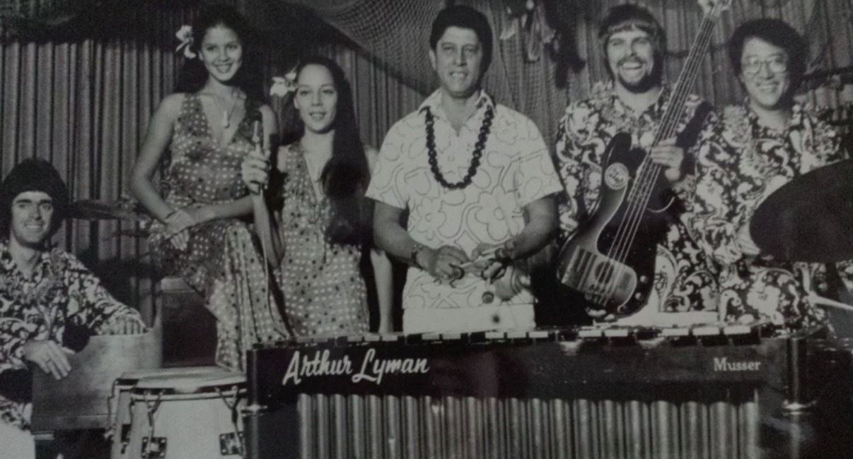 From left to right: Waitiki 7 members Abe Lagrimas Jr., Tim Mayer, Randy Wong and Helen Liu join Harold Chang, who was the original drummer and percussionist in the Martin Denny and Arthur Lyman groups that helped establish the exotica genre.