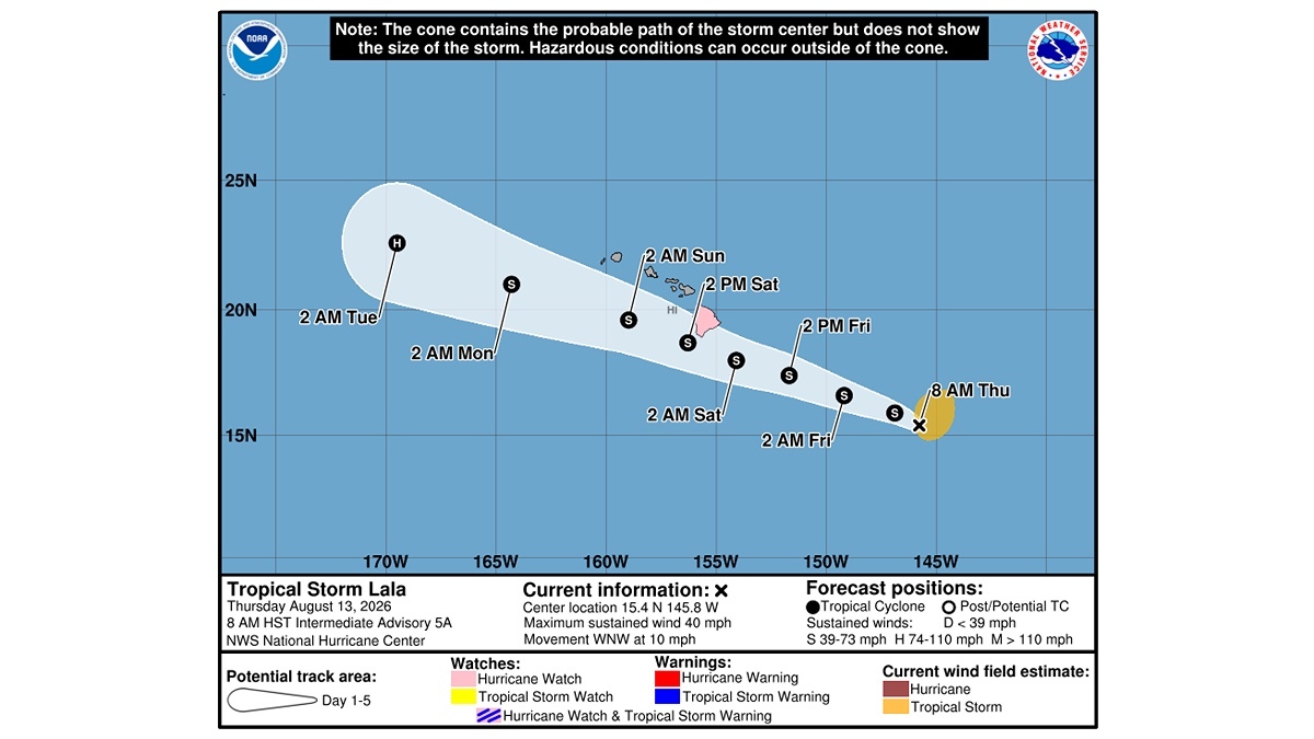 A National Weather Service projection issued Thursday morning predicts Tropical Storm Lala will reach the Hawaiian Islands Saturday morning.