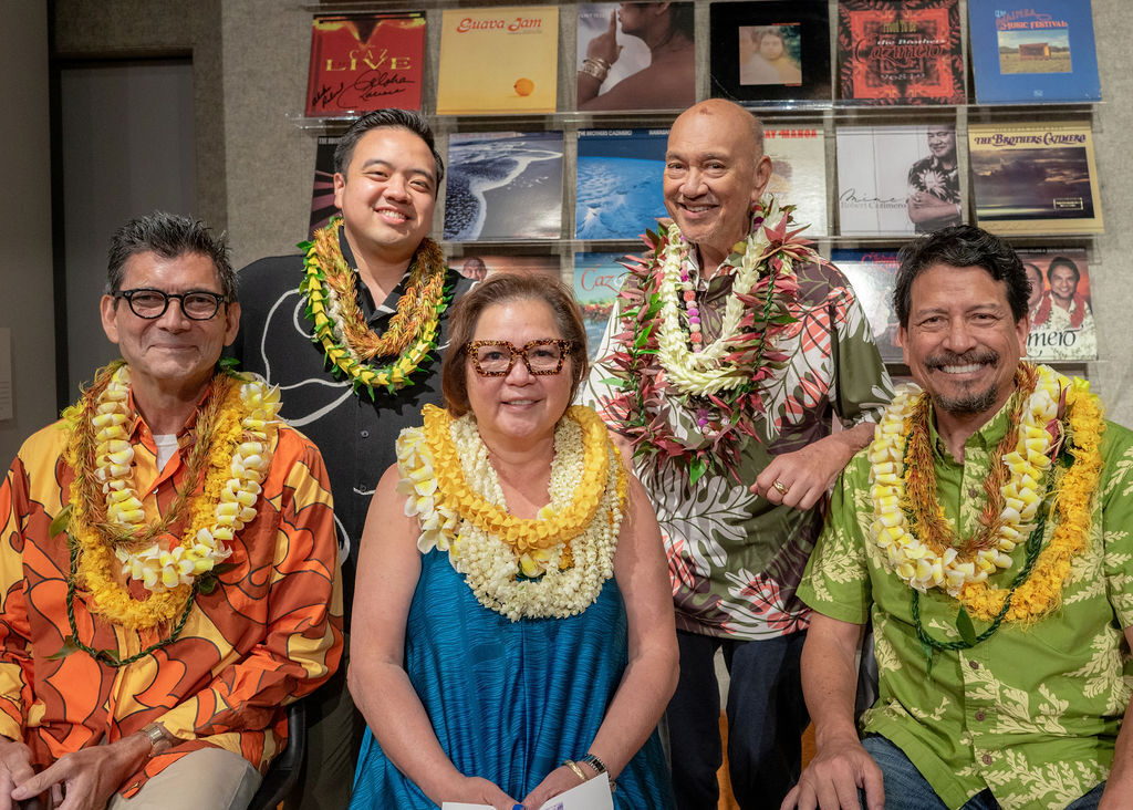 From left to right: Co-Curators Martin Heirakuji, Sky Yim and Richard Heirakuji are in the front row. Zach Lum and Kumu Hula Robert Cazimero are in the back row.