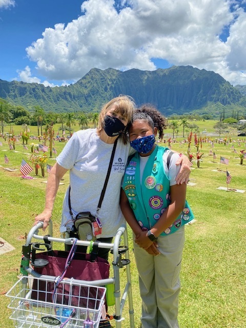 Maggie Hirakawa and her granddaughter, Aiko Hernandez, visiting the cemetery during the Covid-19 pandemic.