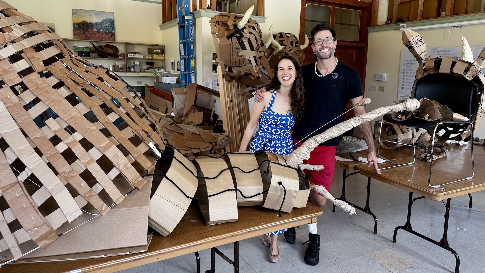 Megan Conley, left, president and founder of Ocean Music Action, and Greg Corbino, the puppet designer for "Carnival of the Nearly Extinct Animals."