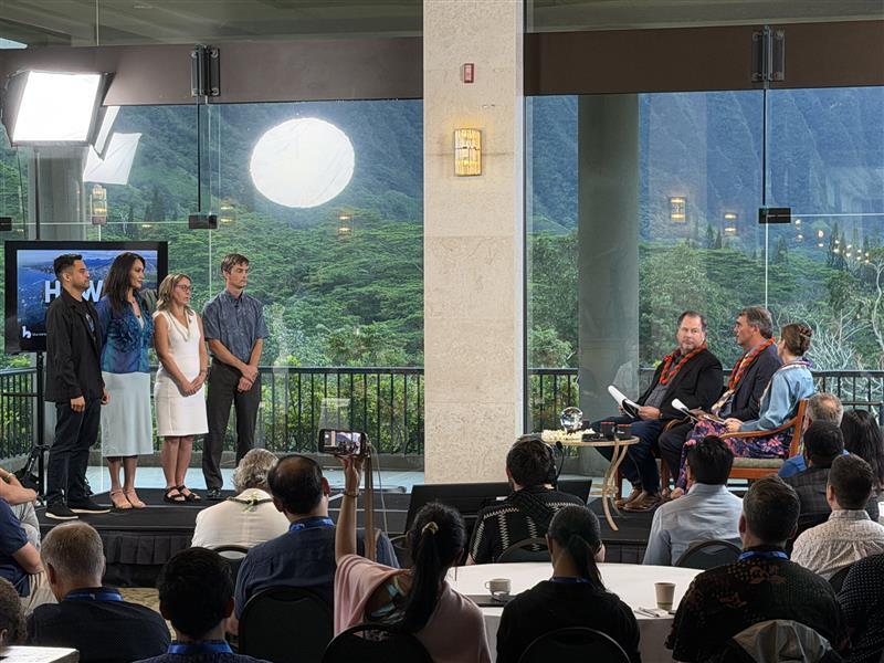 Bernard Mendez of Black Sand, who is based on Maui; Miki Hardisty of ʻOlelo Intelligence, who is based in Waimānalo; Ioana Cuzmata of G-Space, who is based in Sunnyvale, California; and Kevin Davies of Energy Quotient, who is based in Honolulu, presented pitches to the judges at the filming of an episode of “Meet the Drapers” in Kāneʻohe.