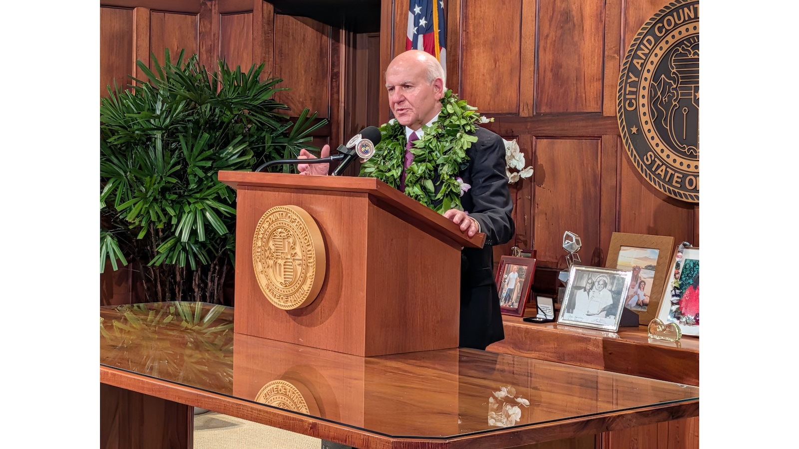 Honolulu Mayor Rick Blangiardi delivers remarks after his State of the City address.