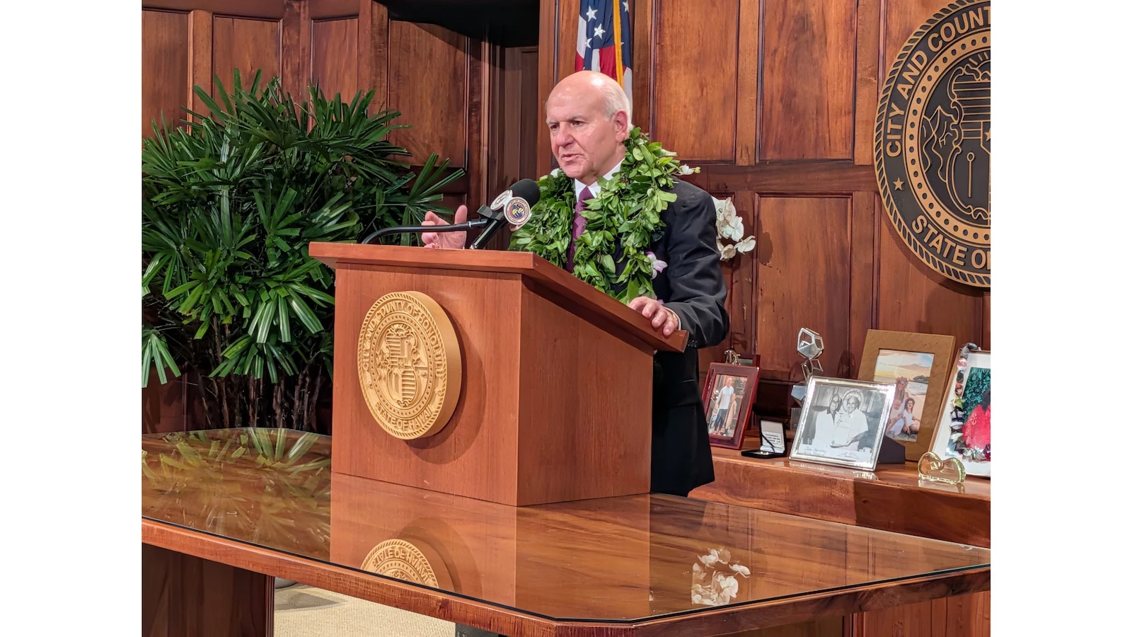 Honolulu Mayor Rick Blangiardi delivers remarks after his State of the City address.