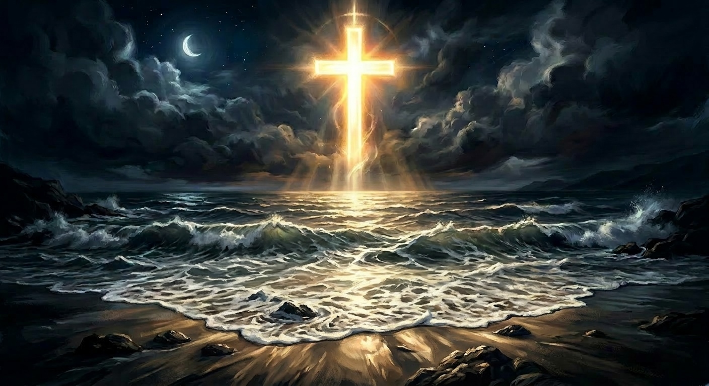cross rises over dark beach