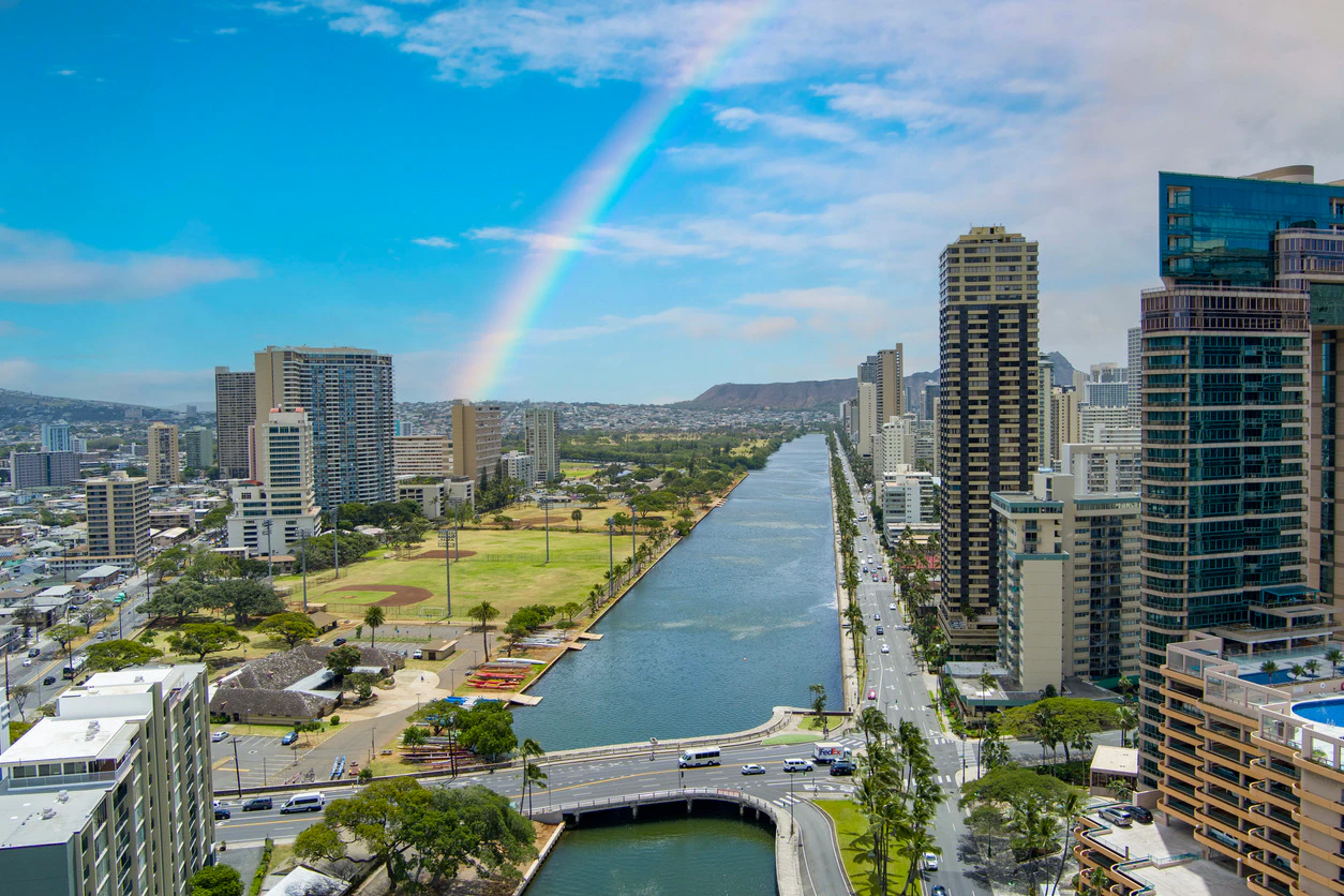 Ala Wai Canal with skyscrapers, hotels and condos in Honolulu