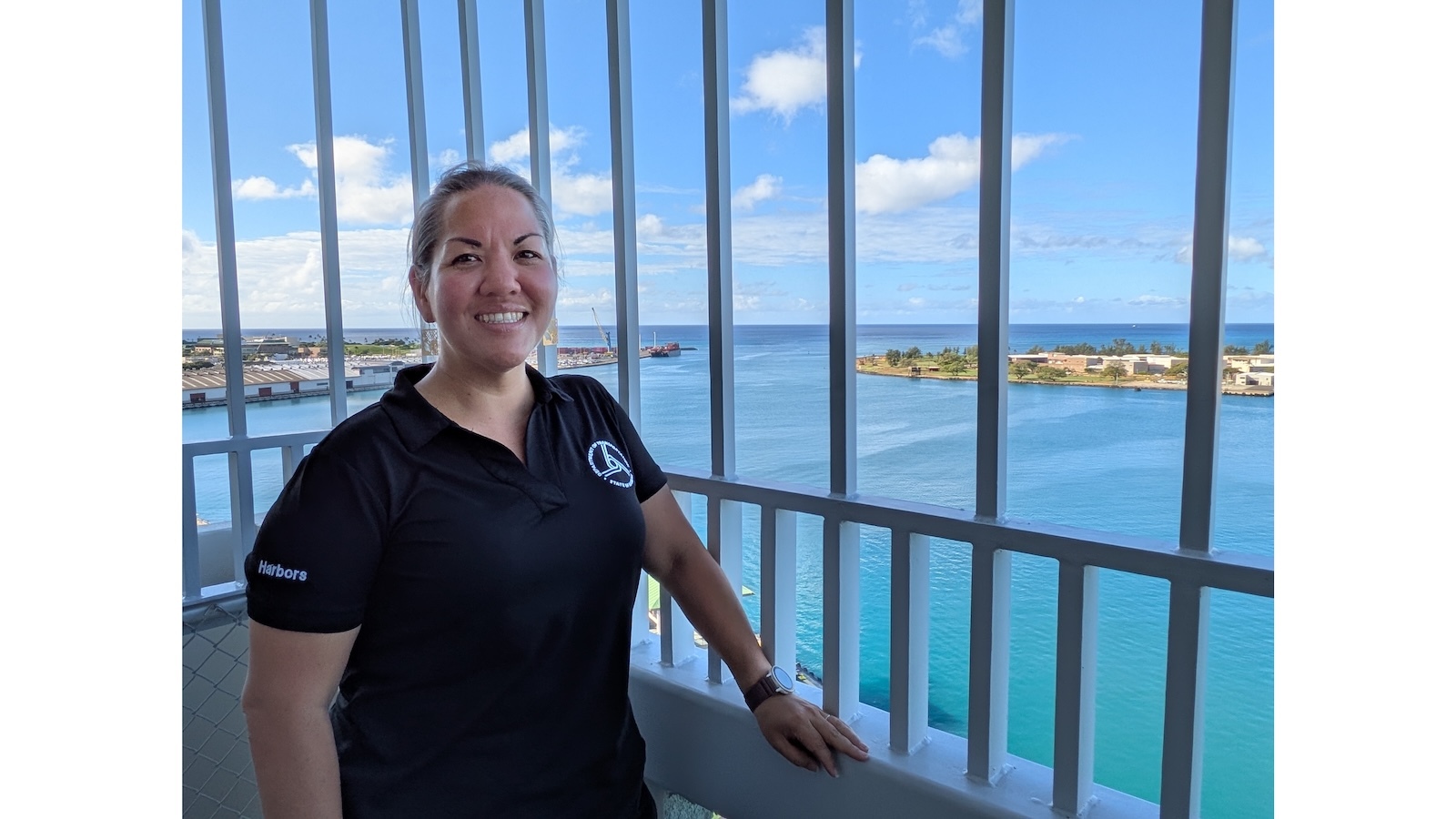 Dre Kalili, the state Department of Transportation’s Deputy Director for Harbors, overlooking Honolulu Harbor from Aloha Tower.