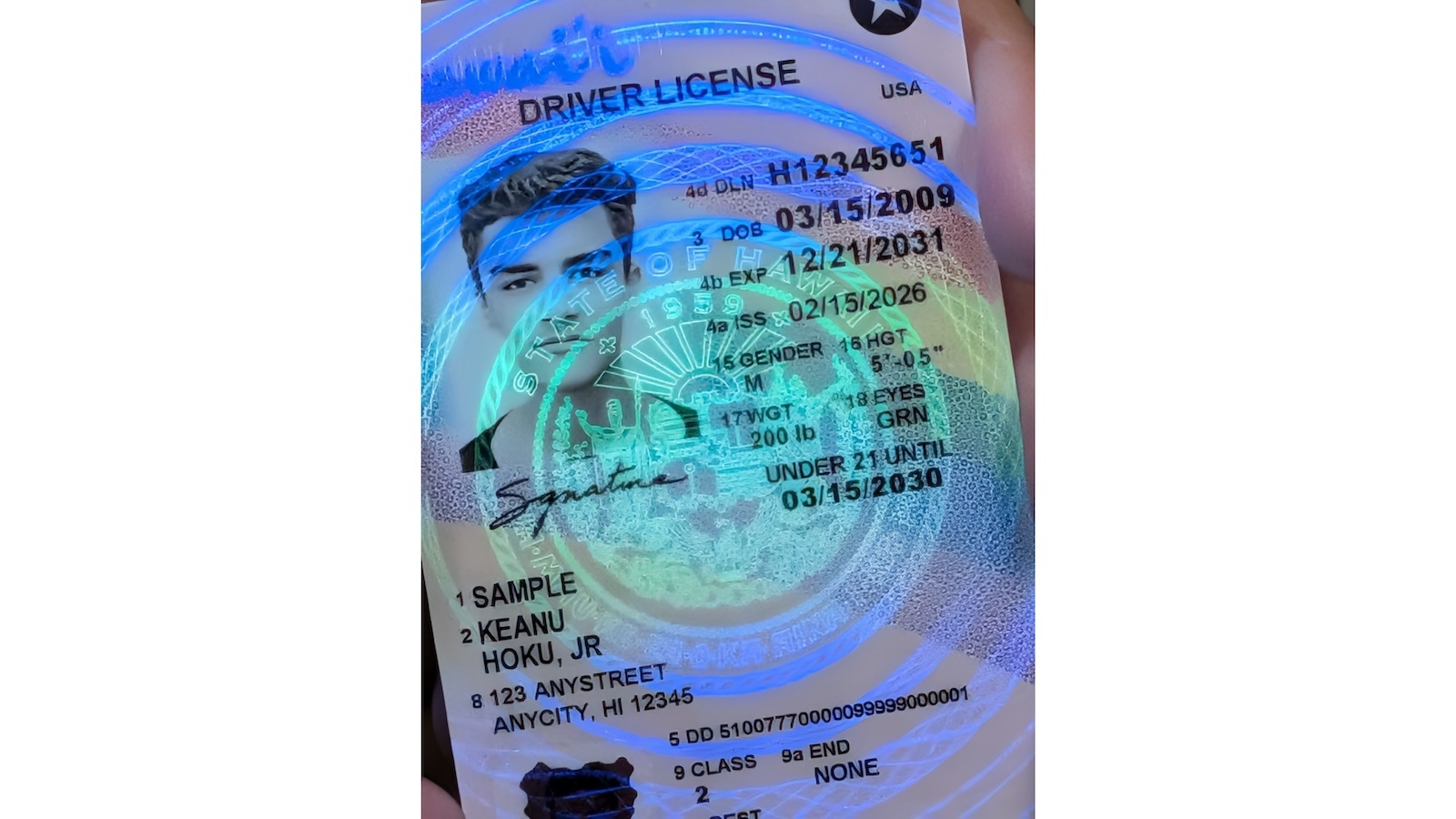 A hologram visible under UV light on the new licenses.