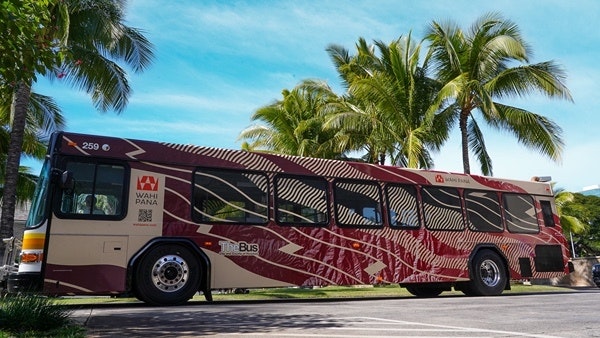 Artist Cory Kamehanaokāla Holt Taum designed this wrap for three public buses on Oʻahu. The design was unveiled on Monday, Feb. 10.